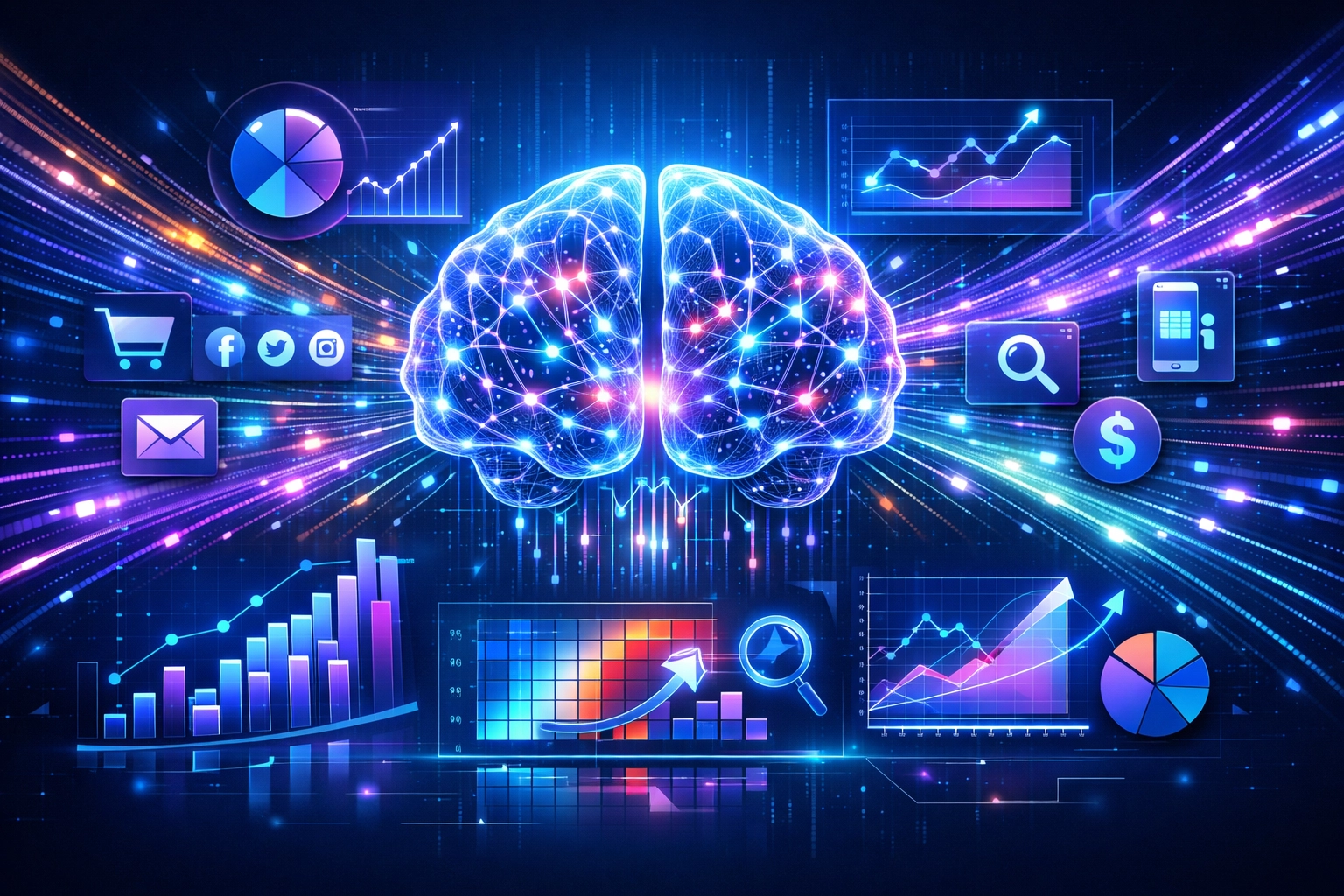L'IA et le machine learning analysant les données d'attribution marketing avec des réseaux neuronaux