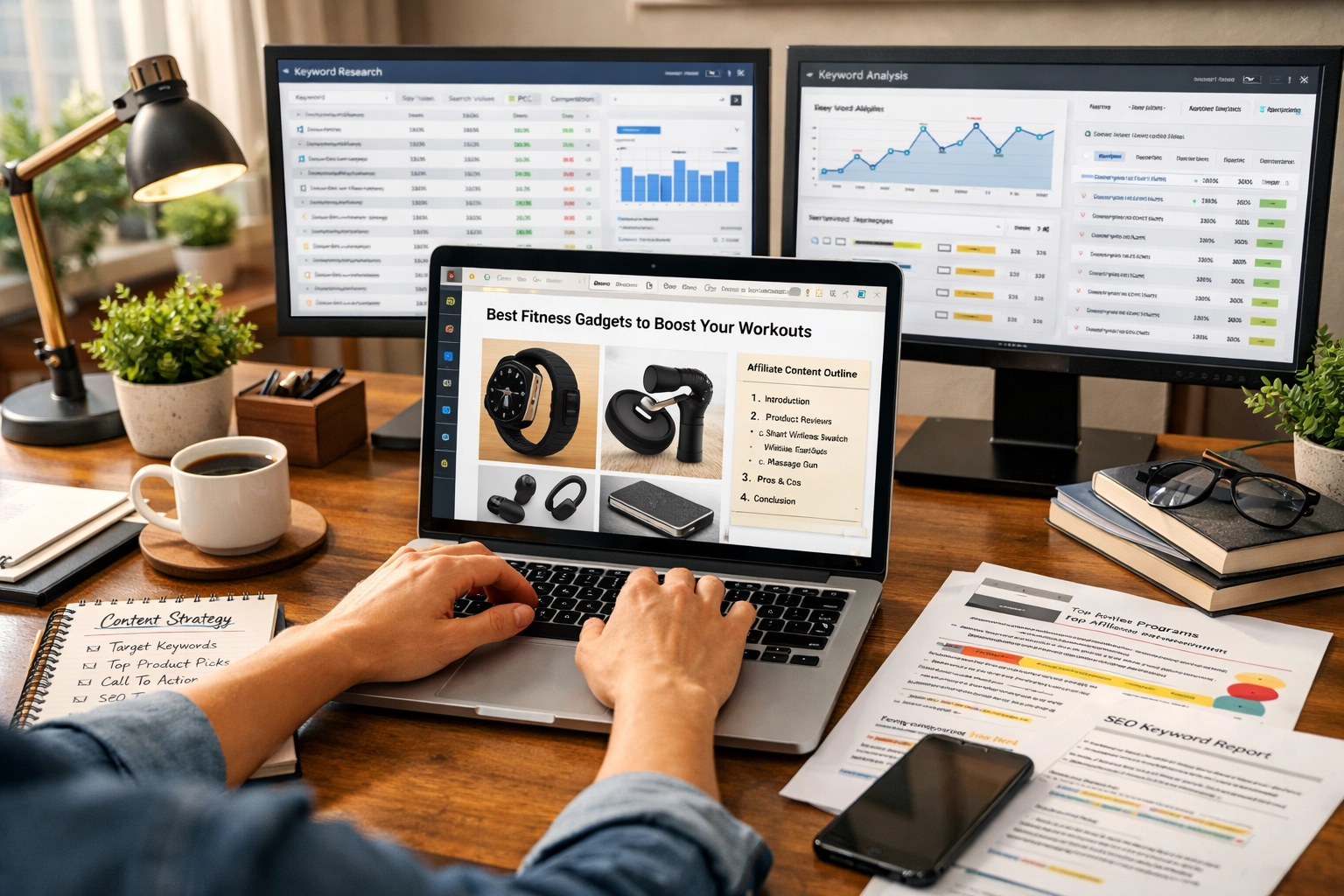 Créateur de contenu travaillant sur un article de blog affilié, recherche de mots-clés et analyse de produits