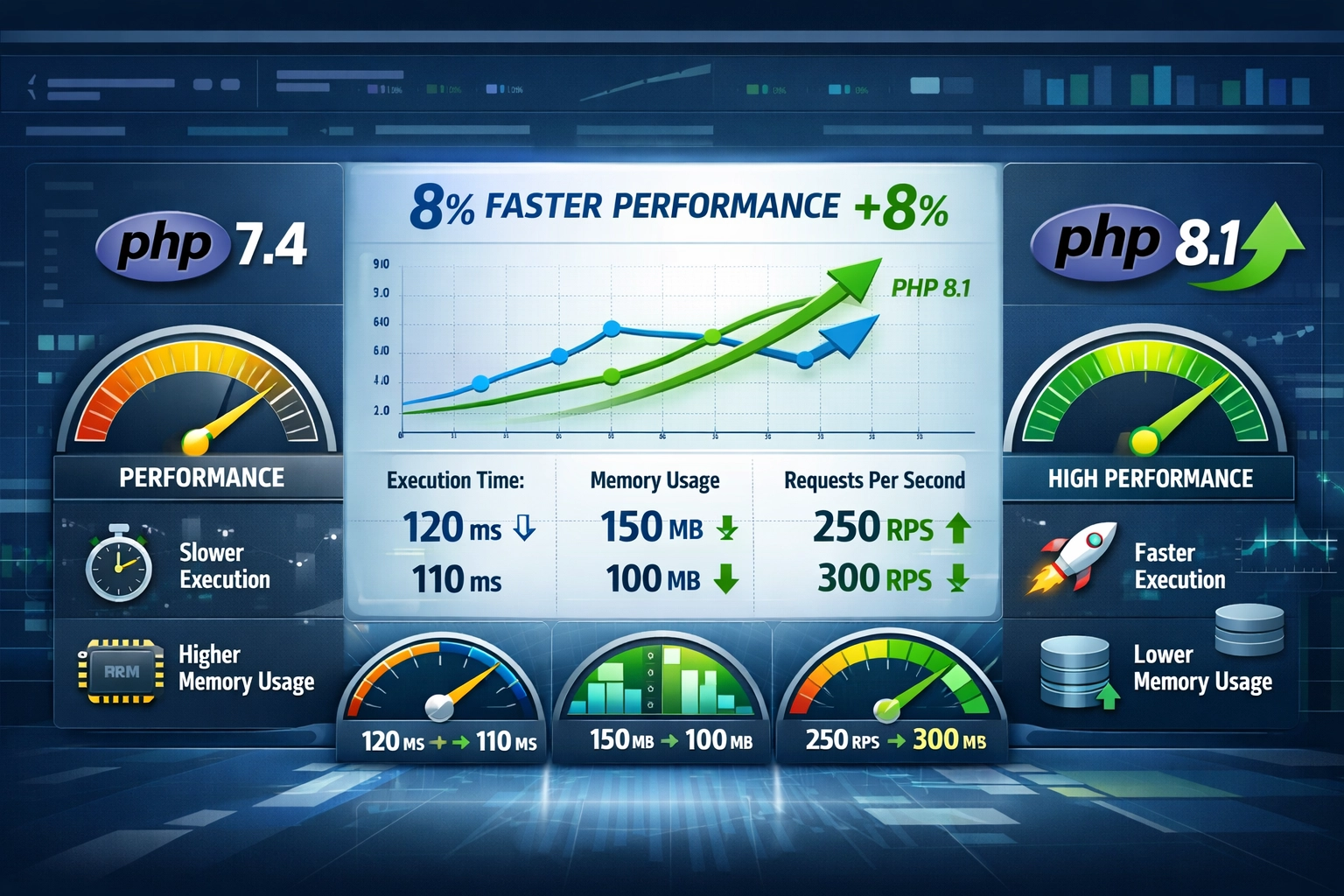 Visualisation de la comparaison des performances montrant les métriques de vitesse PHP 8.1 vs PHP 7.4