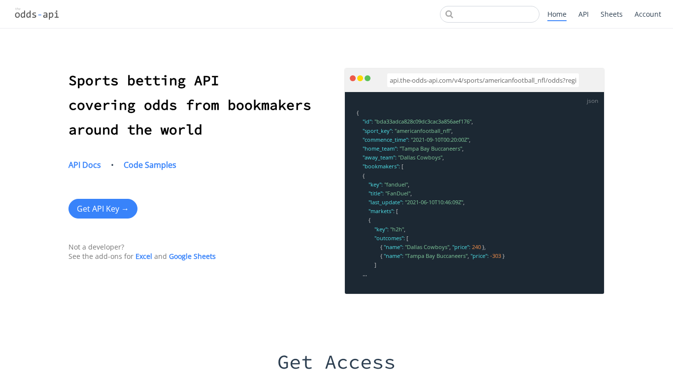 Page d’accueil du fournisseur de widget The Odds API