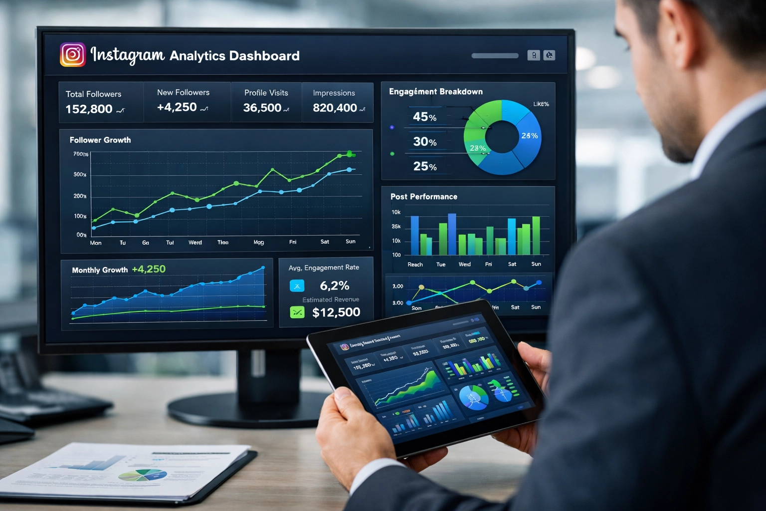Tableau de bord analytics Instagram affichant les métriques d'engagement et le suivi des performances