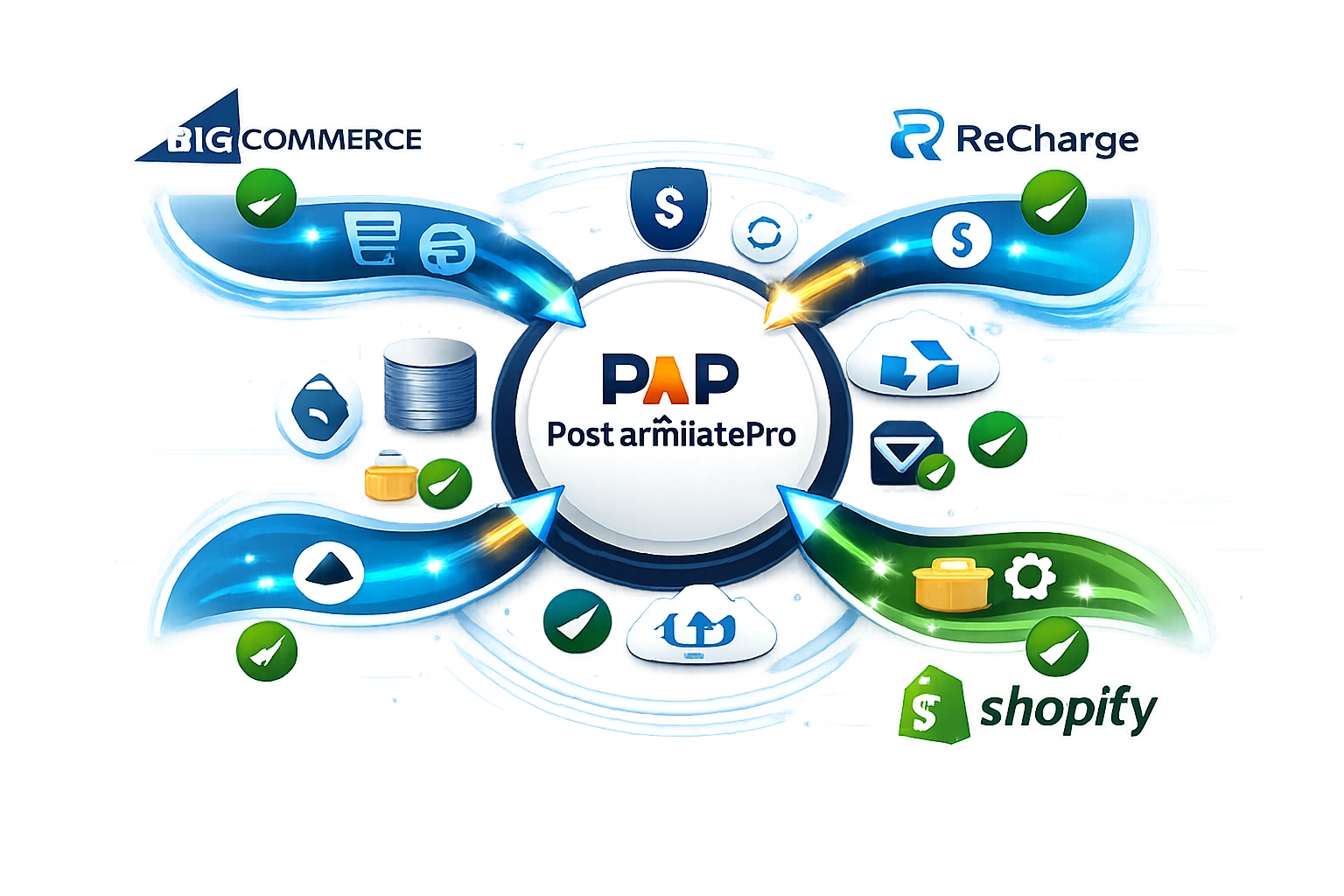 Écosystème d'intégration montrant BigCommerce, ReCharge et Shopify reliés à PostAffiliatePro