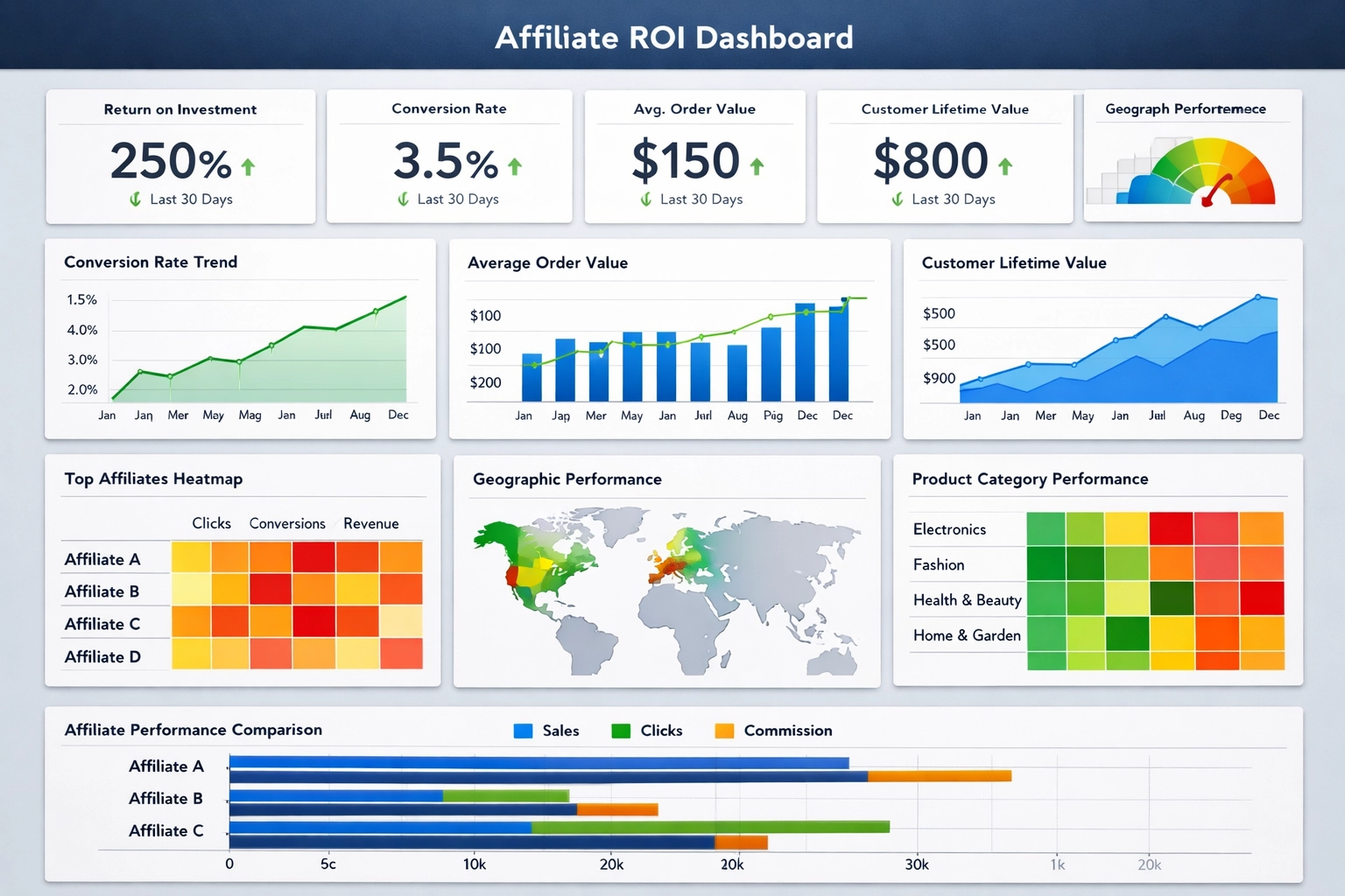 Professional analytics dashboard showing affiliate ROI metrics and performance analysis