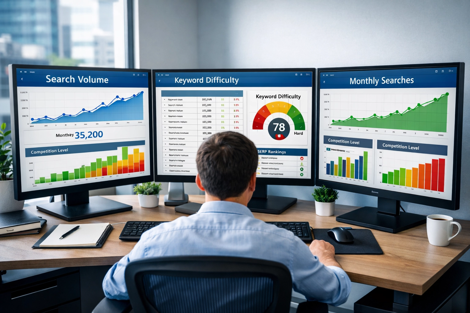 Poste de travail professionnel montrant une analyse de recherche de mots-clés sur plusieurs écrans affichant des tableaux de bord analytiques et des données de recherche