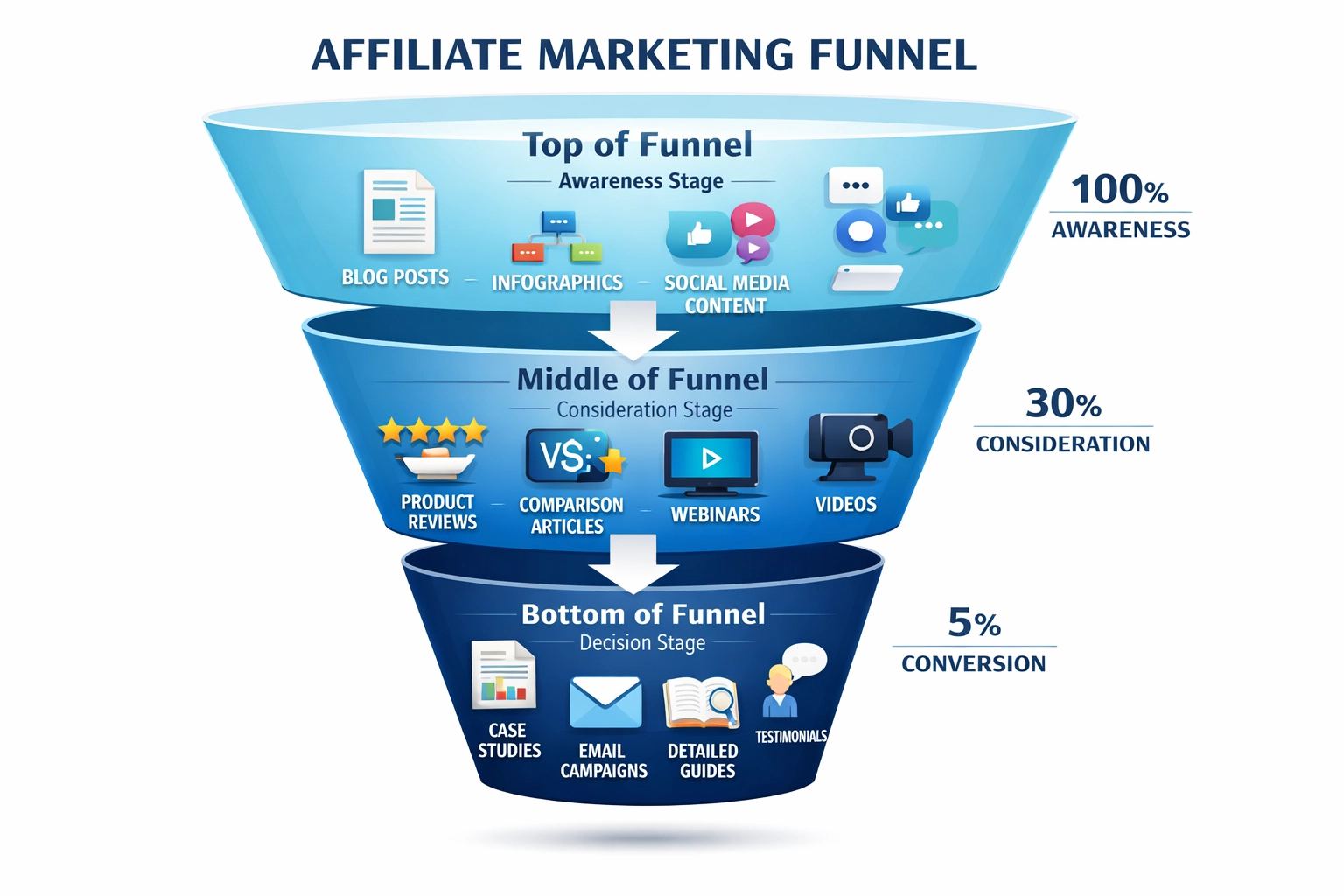 Tunnel de marketing d'affiliation montrant les types de contenus à chaque étape