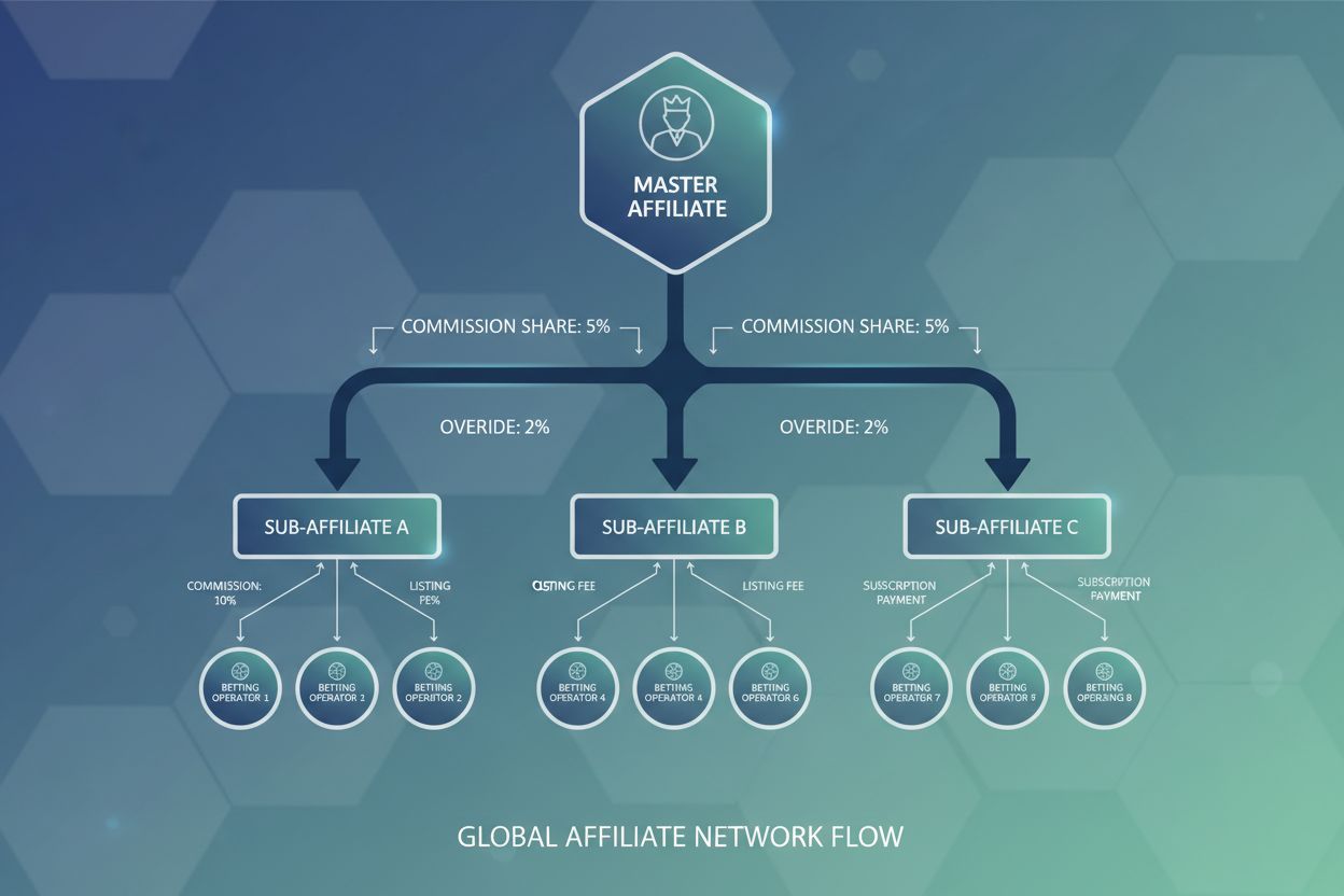Structure d'un réseau de sous-affiliation montrant un affilié principal avec plusieurs sous-affiliés et les flux de commission