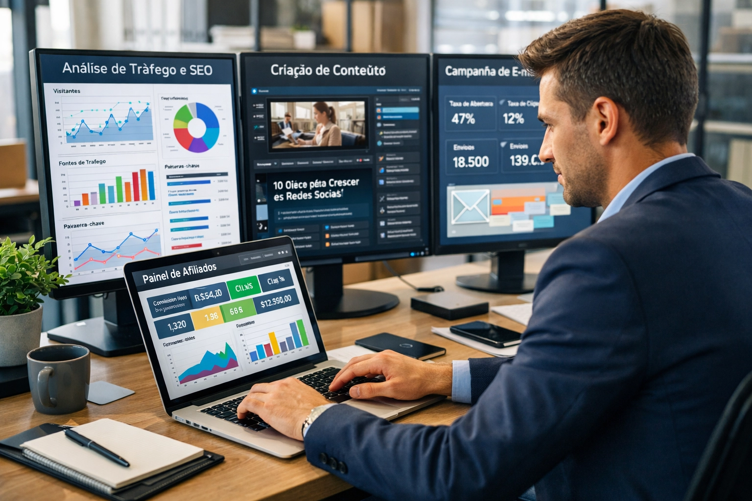 Marketeur digital travaillant sur une stratégie d’affiliation avec plusieurs tableaux d’analytique