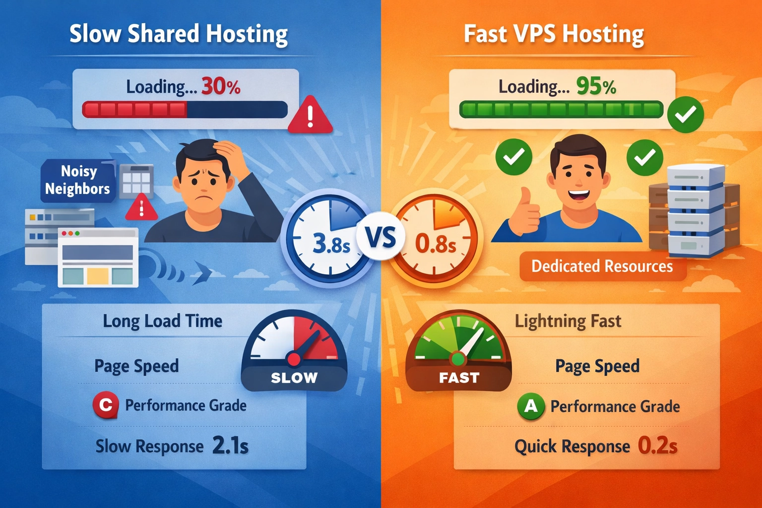Comparatif de performance montrant le temps de chargement lent du mutualisé versus le VPS rapide