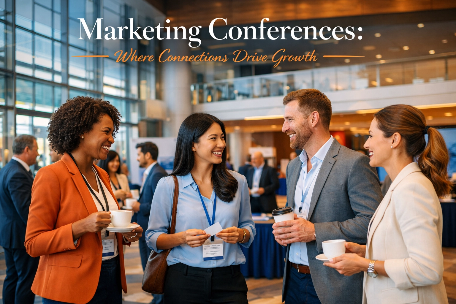 Professional marketing conference networking scene with diverse business professionals