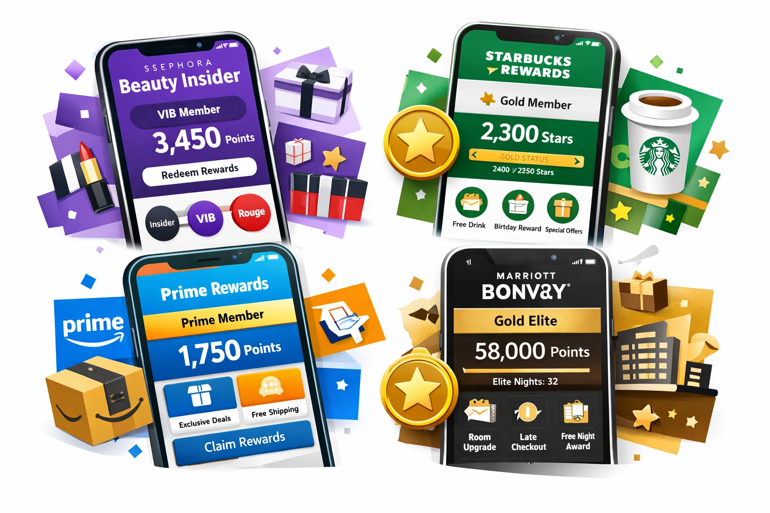 Collage des logos et interfaces de célèbres programmes de fidélité, dont Sephora, Starbucks, Amazon Prime et Marriott