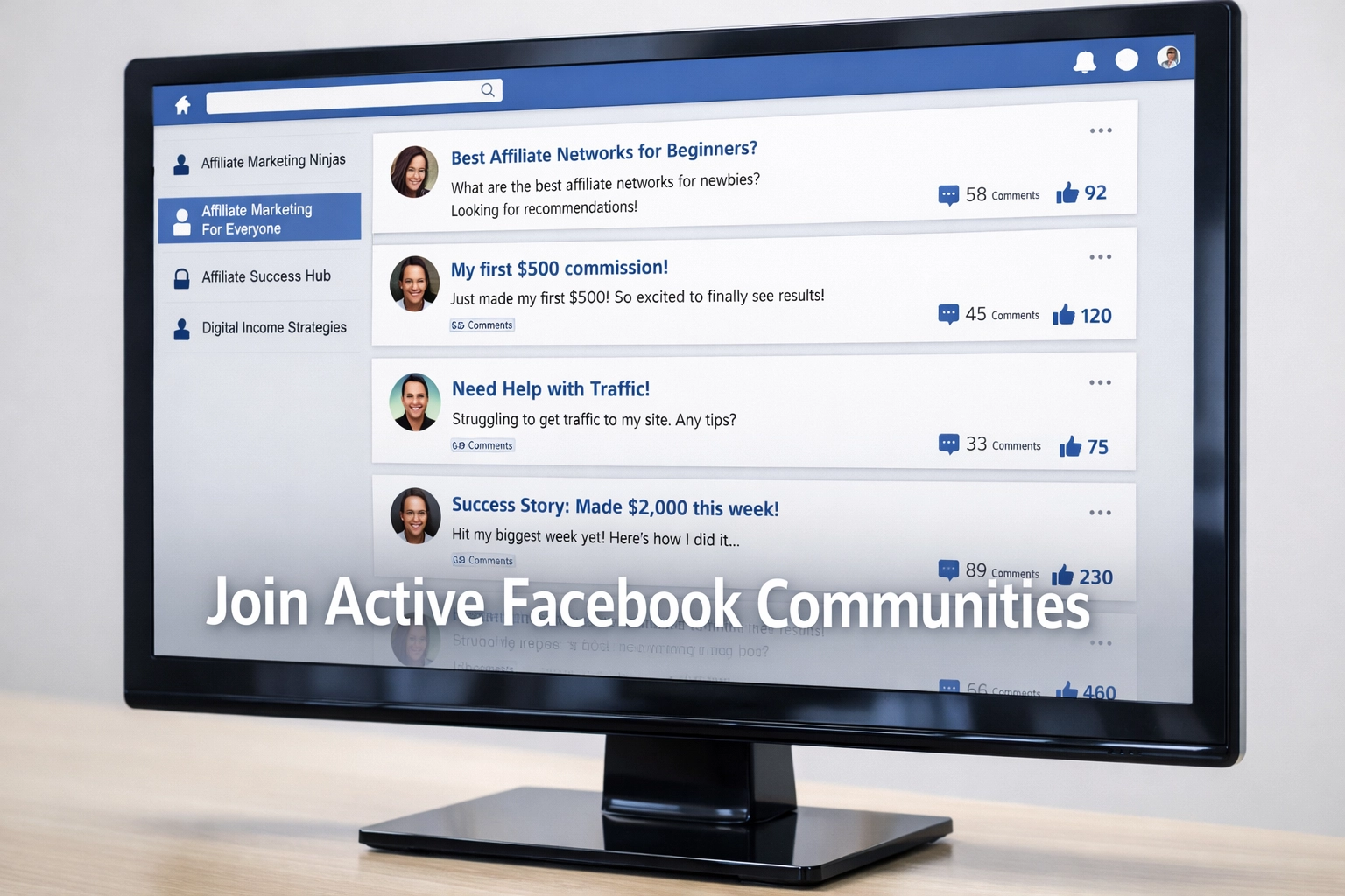 Facebook groups interface for affiliate marketing communities