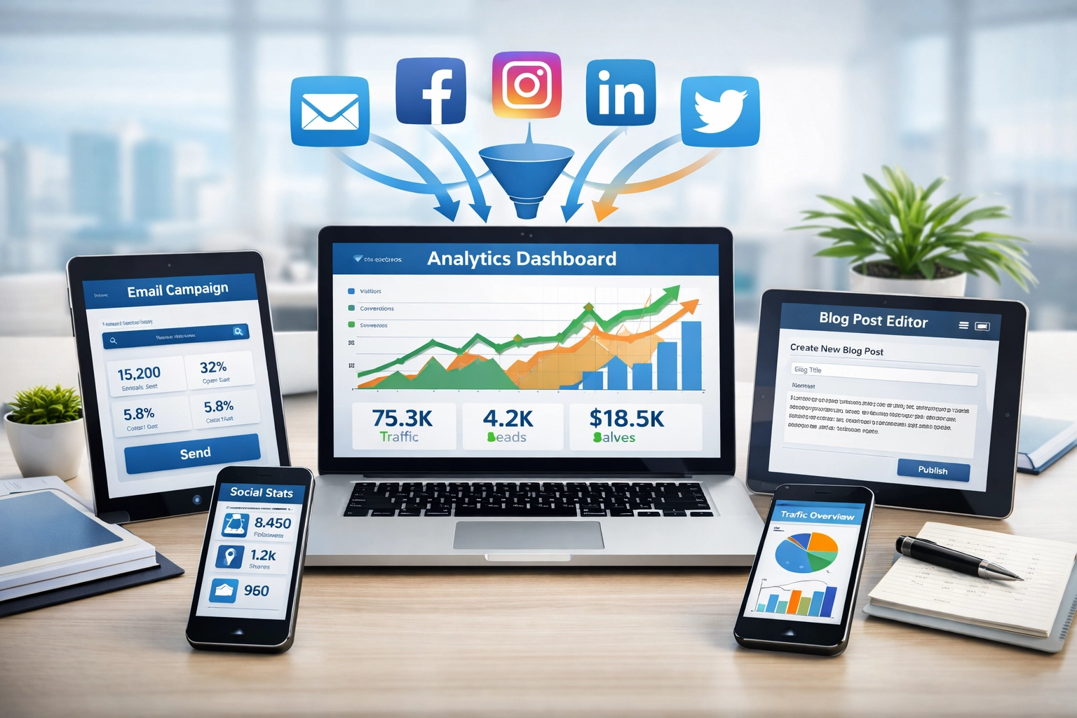Tableau de bord marketing digital affichant de multiples sources et canaux de trafic avec des analyses
