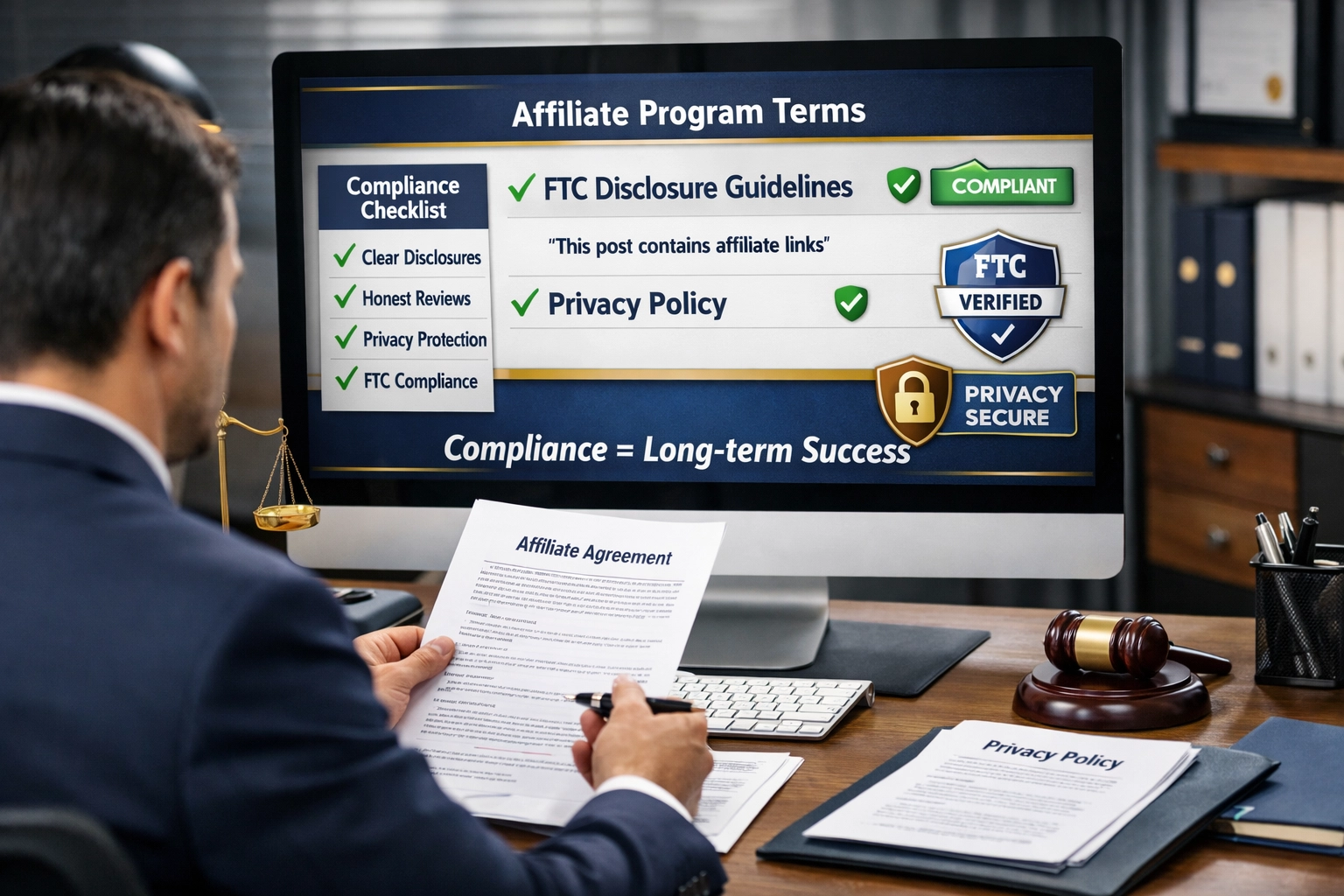 Affiliate marketer reviewing compliance documents and legal requirements