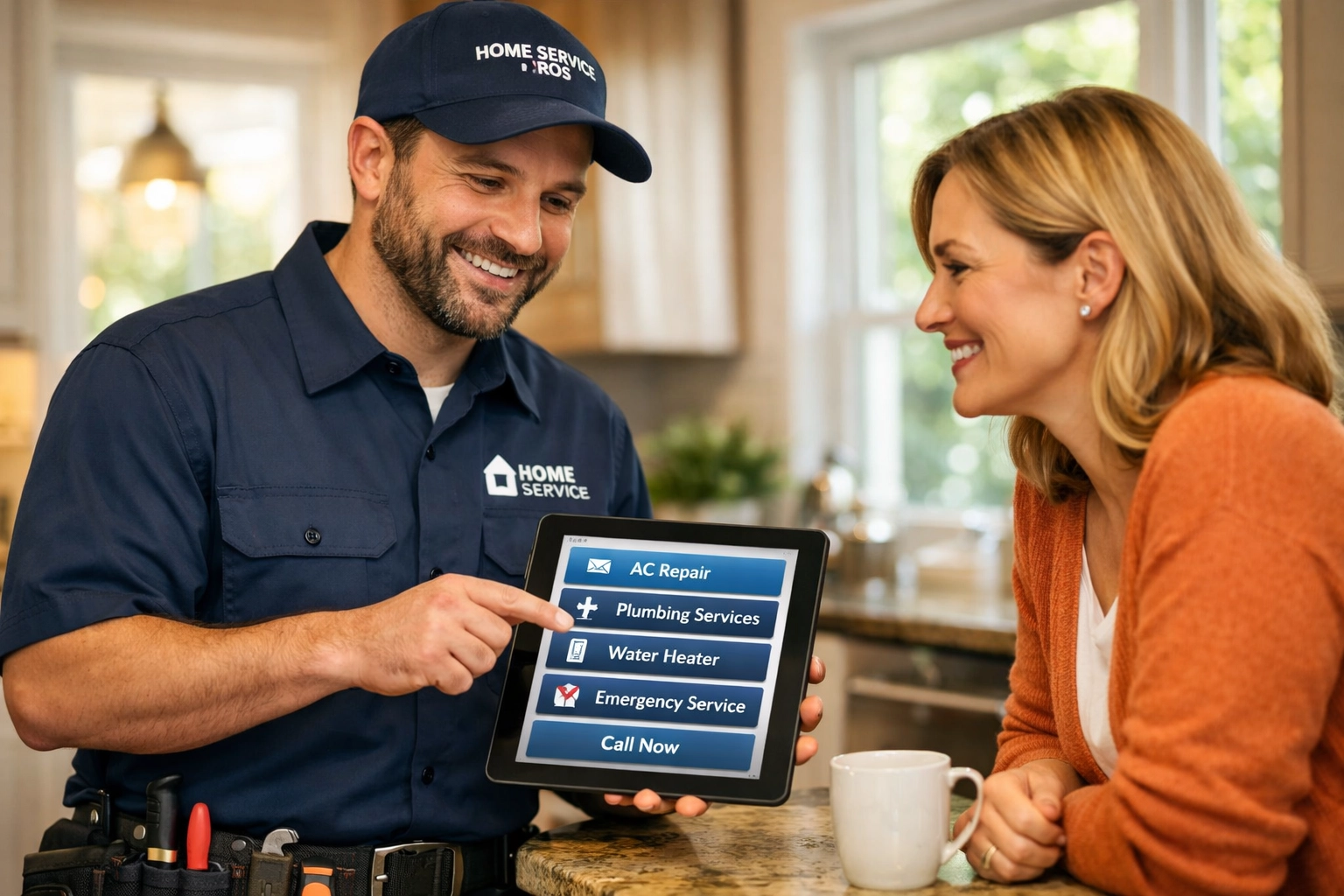 Technicien de service à domicile professionnel travaillant avec un client, illustrant la dimension humaine du modèle pay-per-call