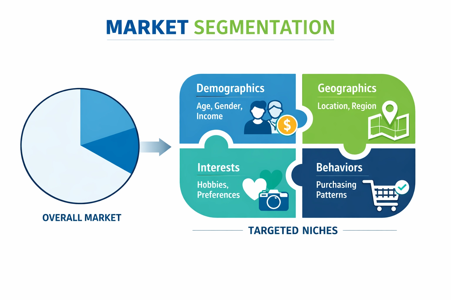 Segmentation de marché illustrant la division d'un marché large en segments de niche spécifiques