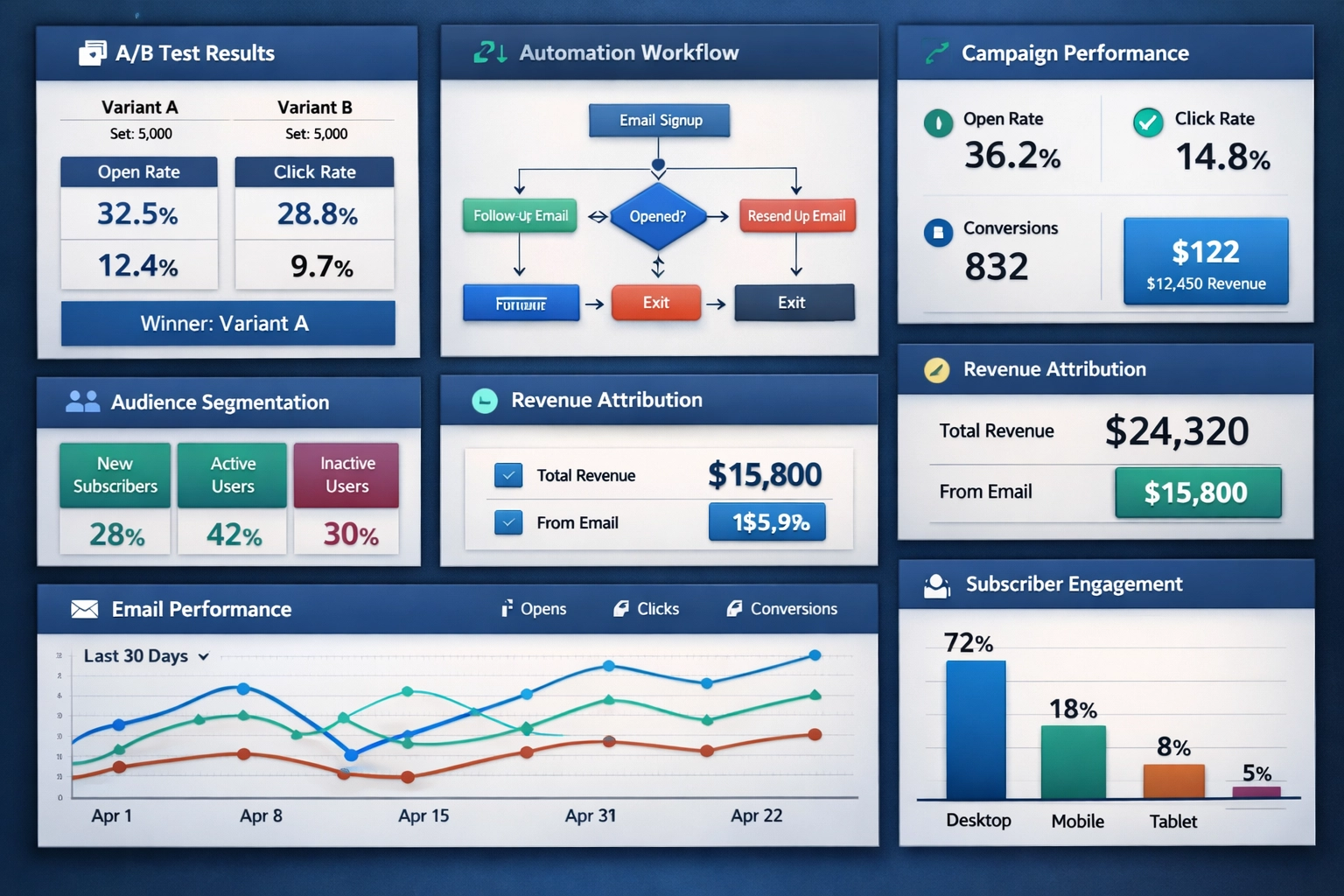 Tableau de bord de marketing par e-mail présentant des analyses, des résultats de tests A/B, des workflows d'automatisation et des indicateurs de performance