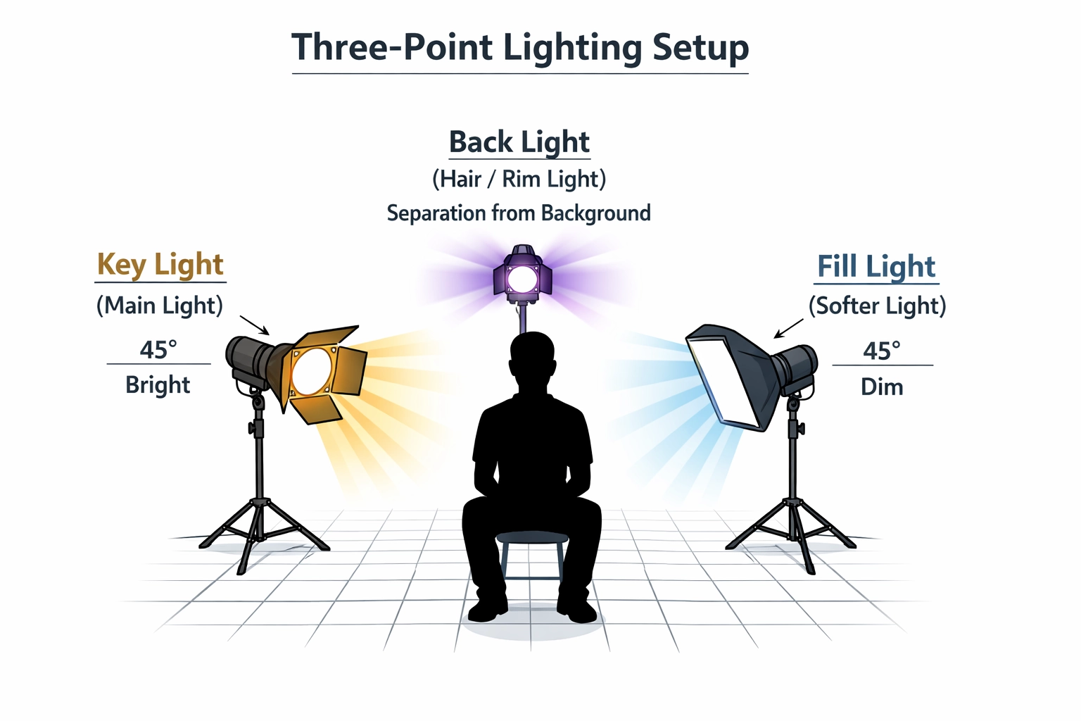 Schéma d’un éclairage trois points pour la vidéo montrant la position de la key light, de la fill light et du back light