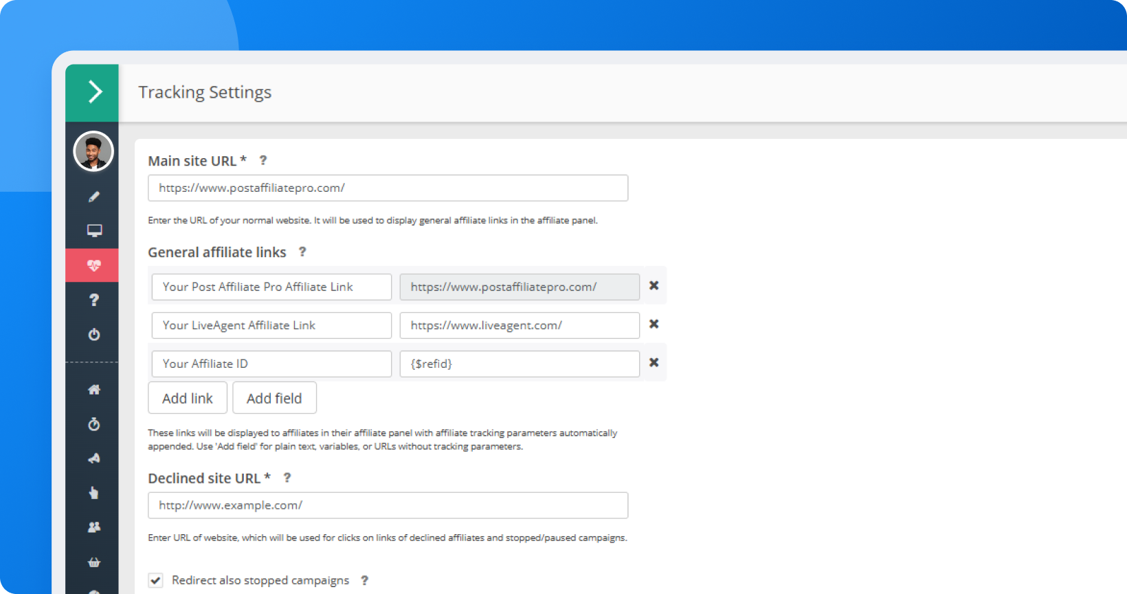 Écran de configuration de Post Affiliate Pro montrant plusieurs liens d'affiliation généraux pour différentes vitrines et domaines