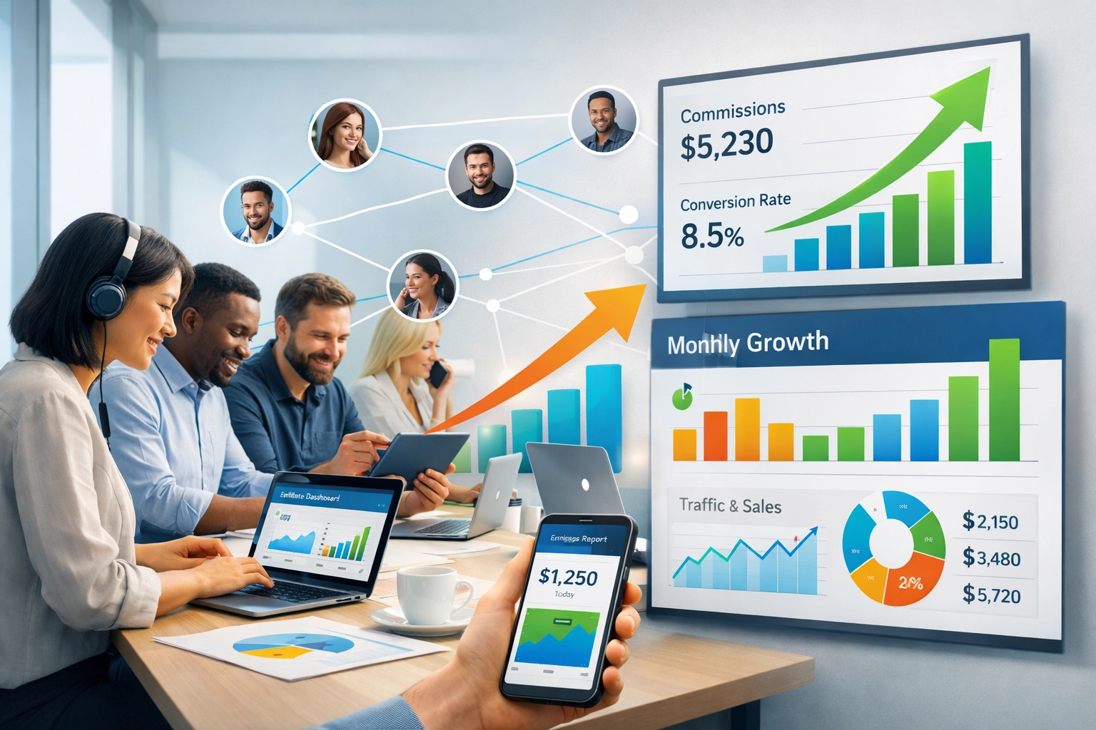 Réseau d’affiliés diversifié collaborant avec des graphiques de croissance et des indicateurs de performance