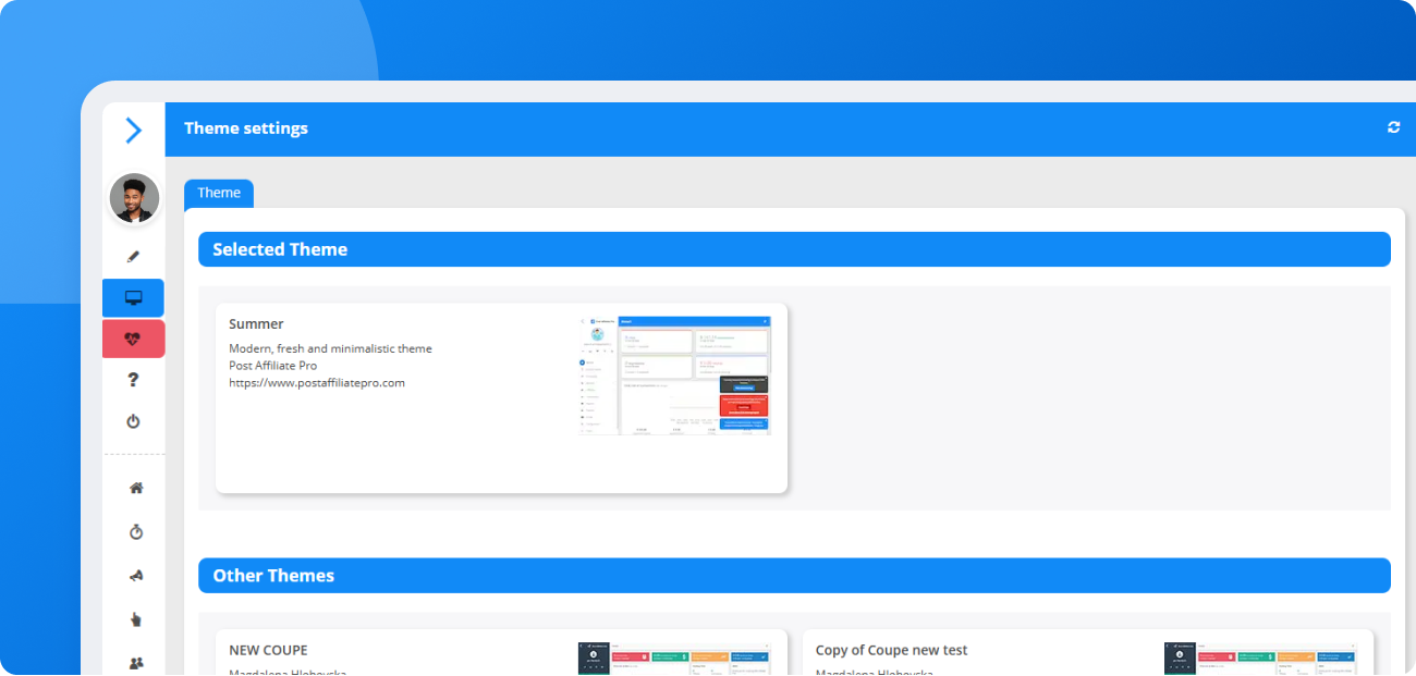 Aperçu du thème d'été Post Affiliate Pro appliqué aux panneaux commerçant et affilié, avec une interface moderne bleue et des éléments UI renouvelés