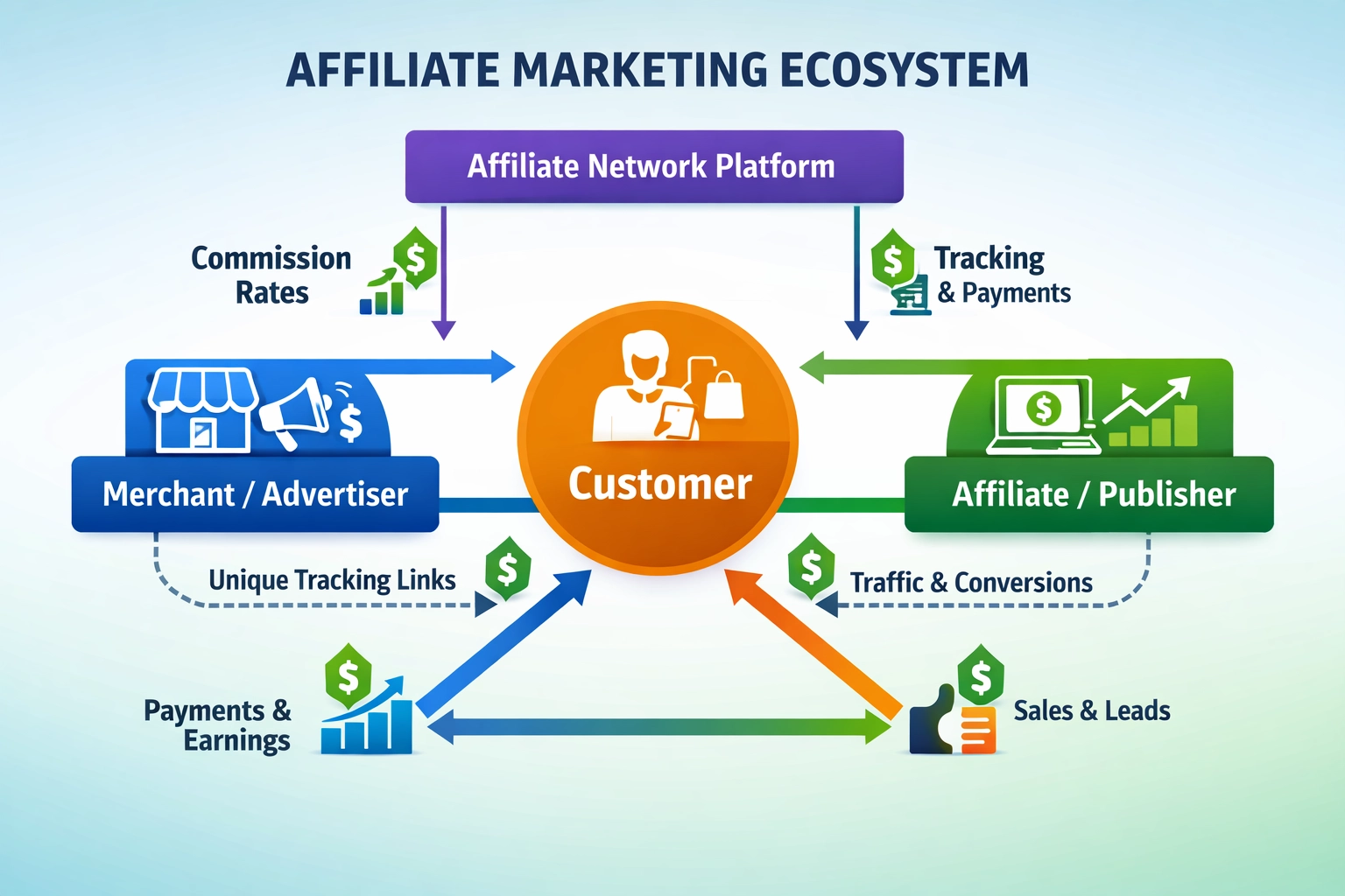 Affiliate Marketing Ecosystem showing merchant, affiliate, customer, and network connections