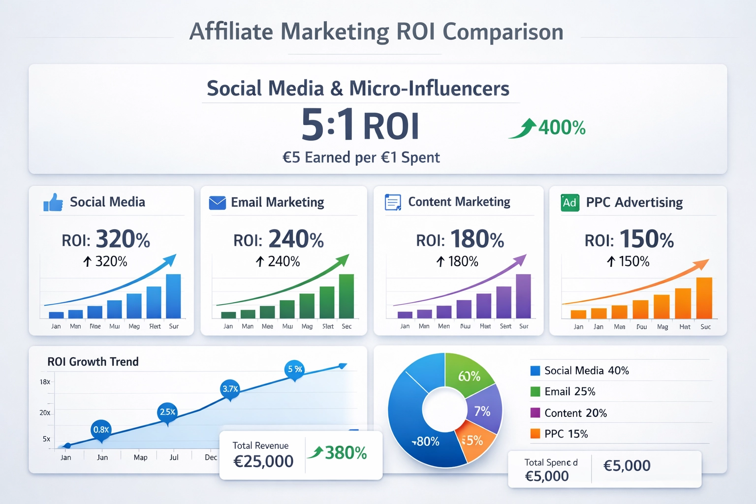 Comparaison du ROI en marketing d’affiliation montrant les réseaux sociaux et les micro-influenceurs en tête avec un ratio de 5:1