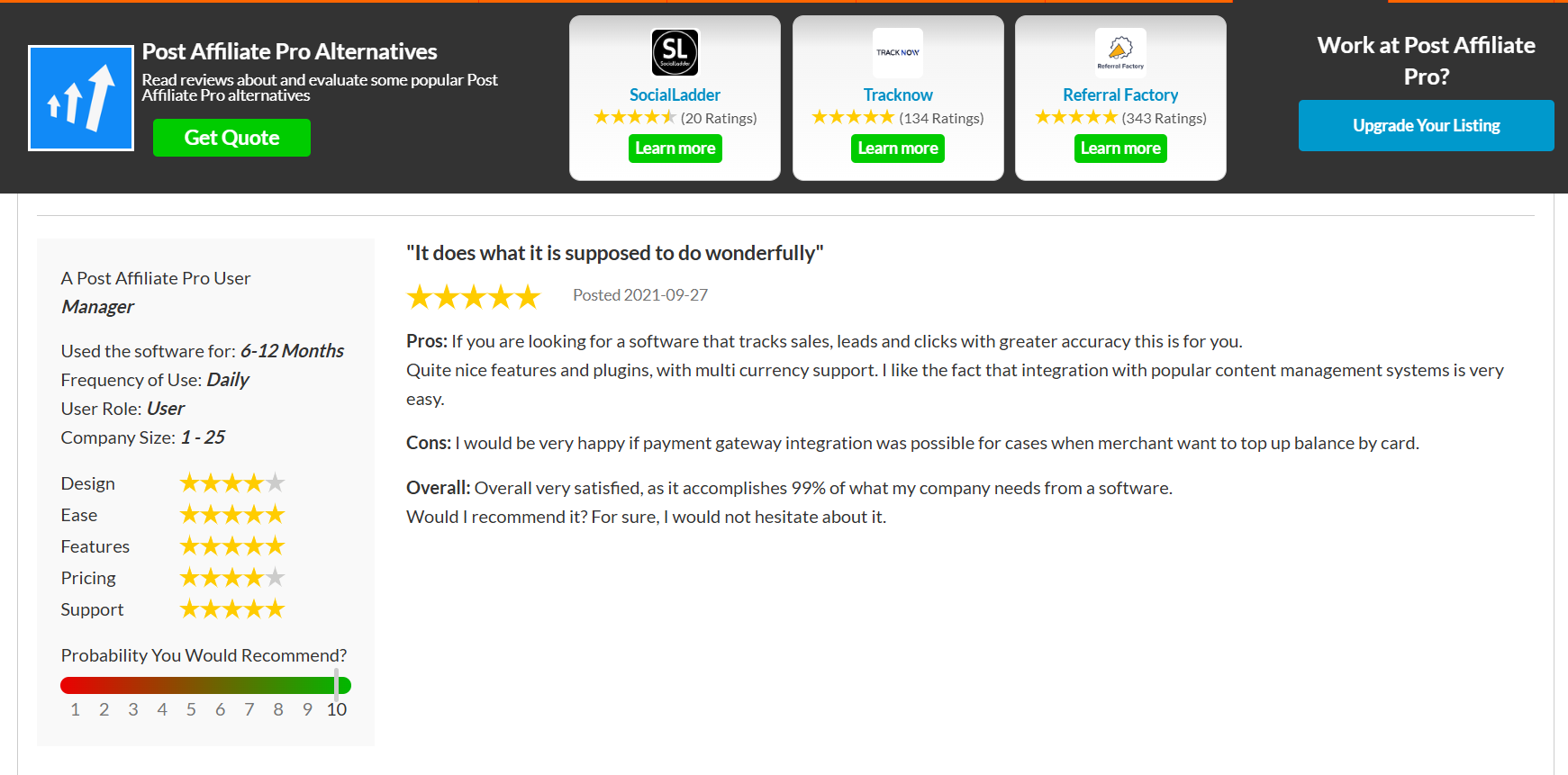 Post Affiliate Pro reconnu comme leader de catégorie par SourceForge