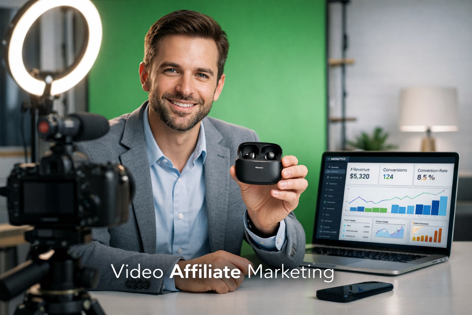 Créateur de contenu vidéo professionnel filmant un avis produit pour le marketing d’affiliation