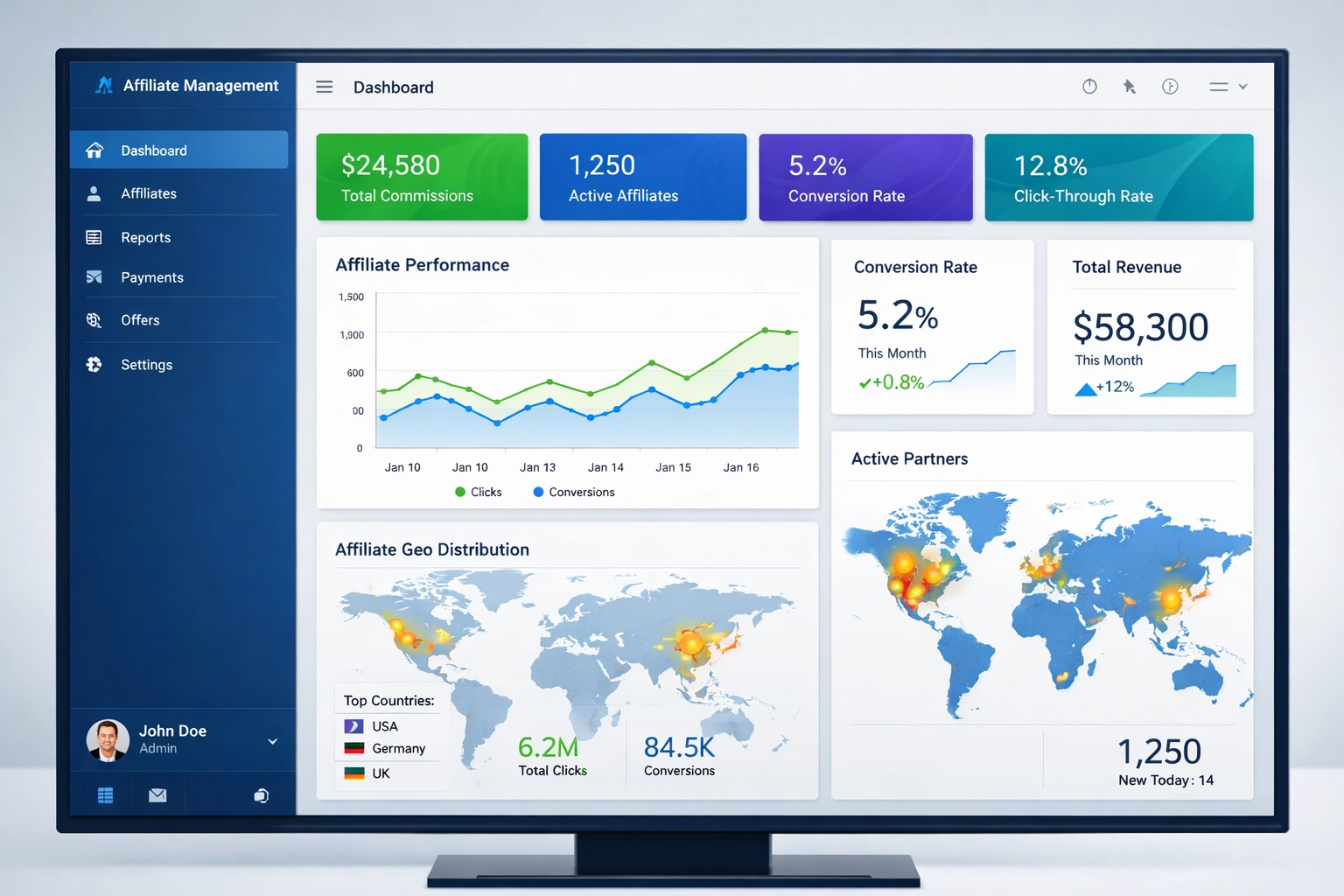 Tableau de bord professionnel de gestion d’affiliation affichant des métriques en temps réel et le suivi des performances