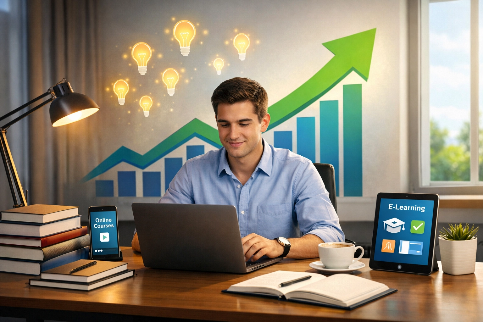 Professionnel apprenant et progressant symbolisé par des flèches ascendantes, des ampoules et des éléments technologiques représentant le développement continu