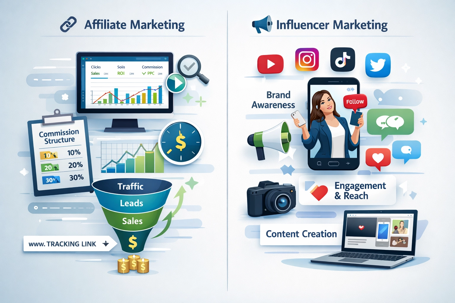 Comparaison entre le marketing d'affiliation et d'influence montrant deux parcours distincts