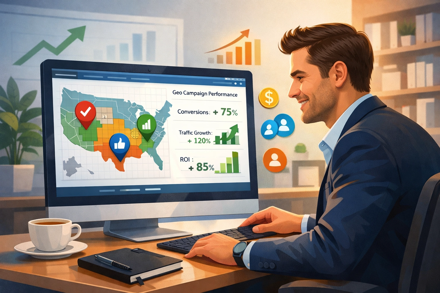 Propriétaire de petite entreprise analysant les résultats d'une campagne de géociblage sur ordinateur, avec tableau de bord analytique et indicateurs de succès