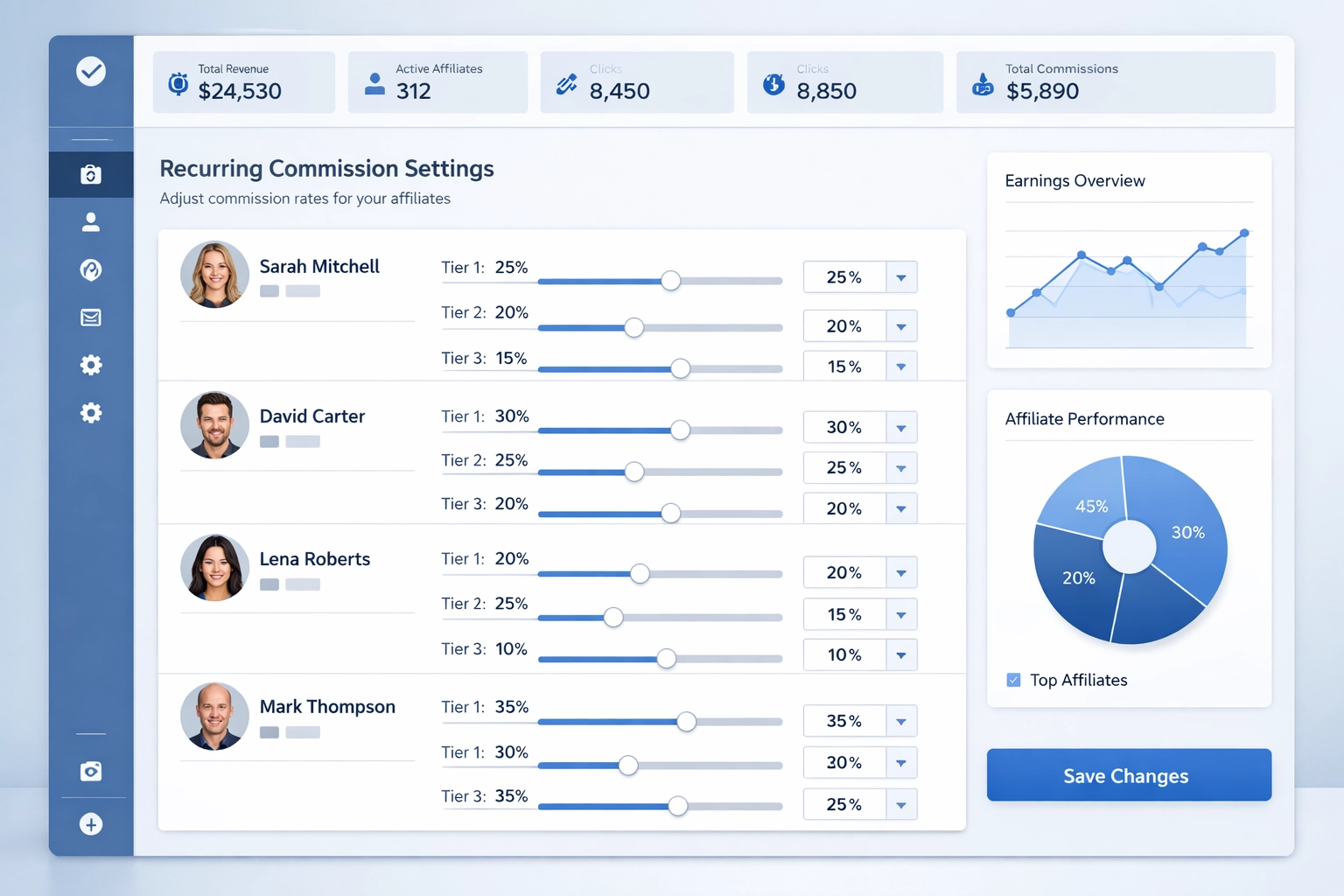 Tableau de bord logiciel d'affiliation montrant l'interface de gestion des commissions récurrentes personnalisables
