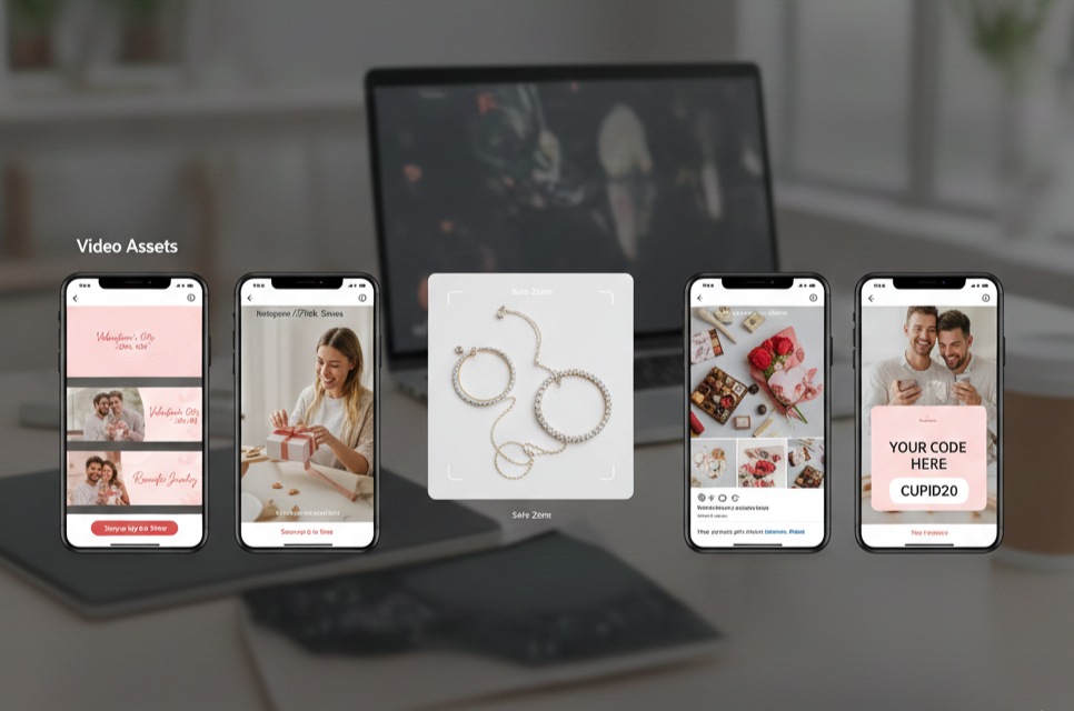 Ressources marketing d'affiliation axées sur les réseaux sociaux affichées sur des appareils mobiles montrant les dimensions Instagram Stories, TikTok et publications de fil avec des exemples créatifs de Saint-Valentin