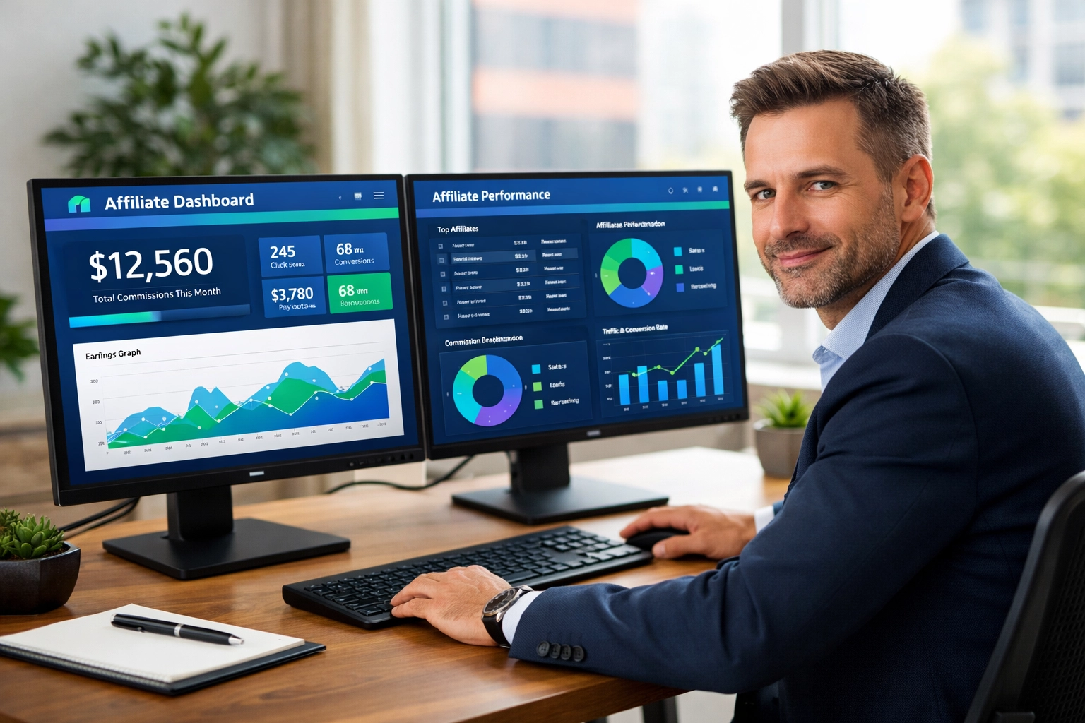 Professional business person exploring affiliate software dashboard on computer
