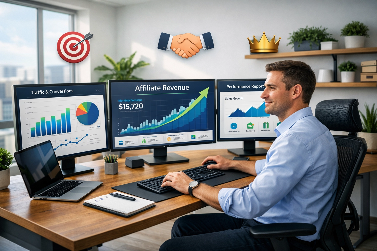 Professional affiliate marketer at desk with analytics dashboards showing growth and success