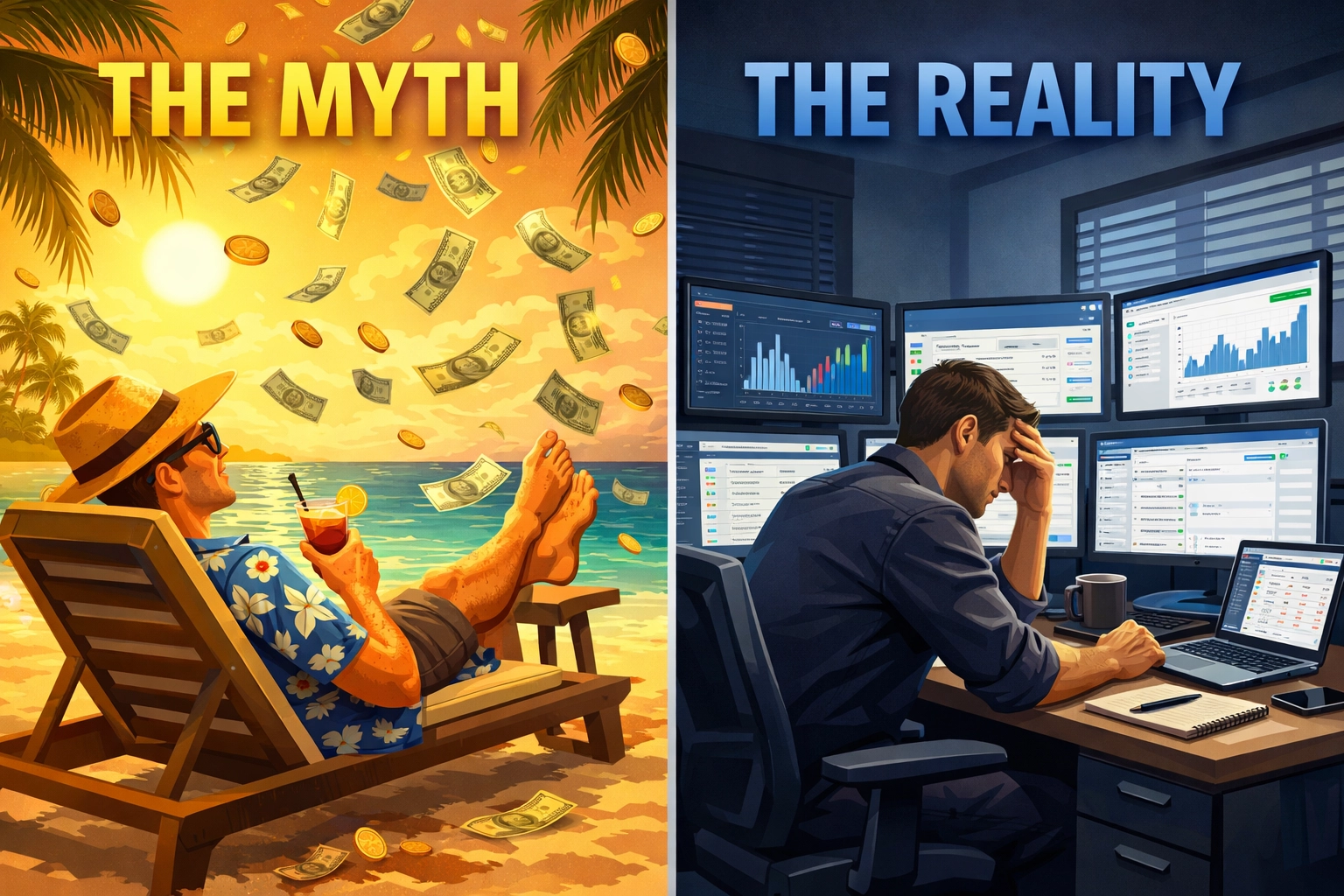 Dropshipping myth versus reality comparison showing easy money myth versus active business management reality