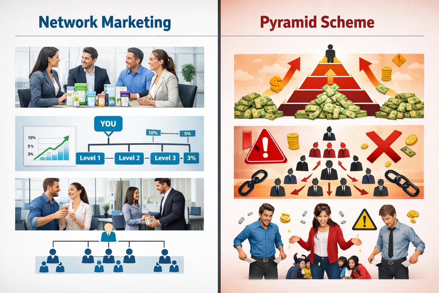 Comparison between network marketing and pyramid schemes showing legitimate business structure versus fraudulent scheme