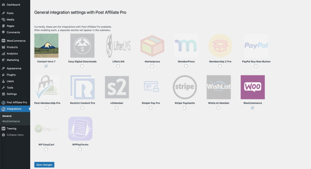 Capture d’écran des paramètres d’intégration du plugin d’affiliation Post Affiliate Pro