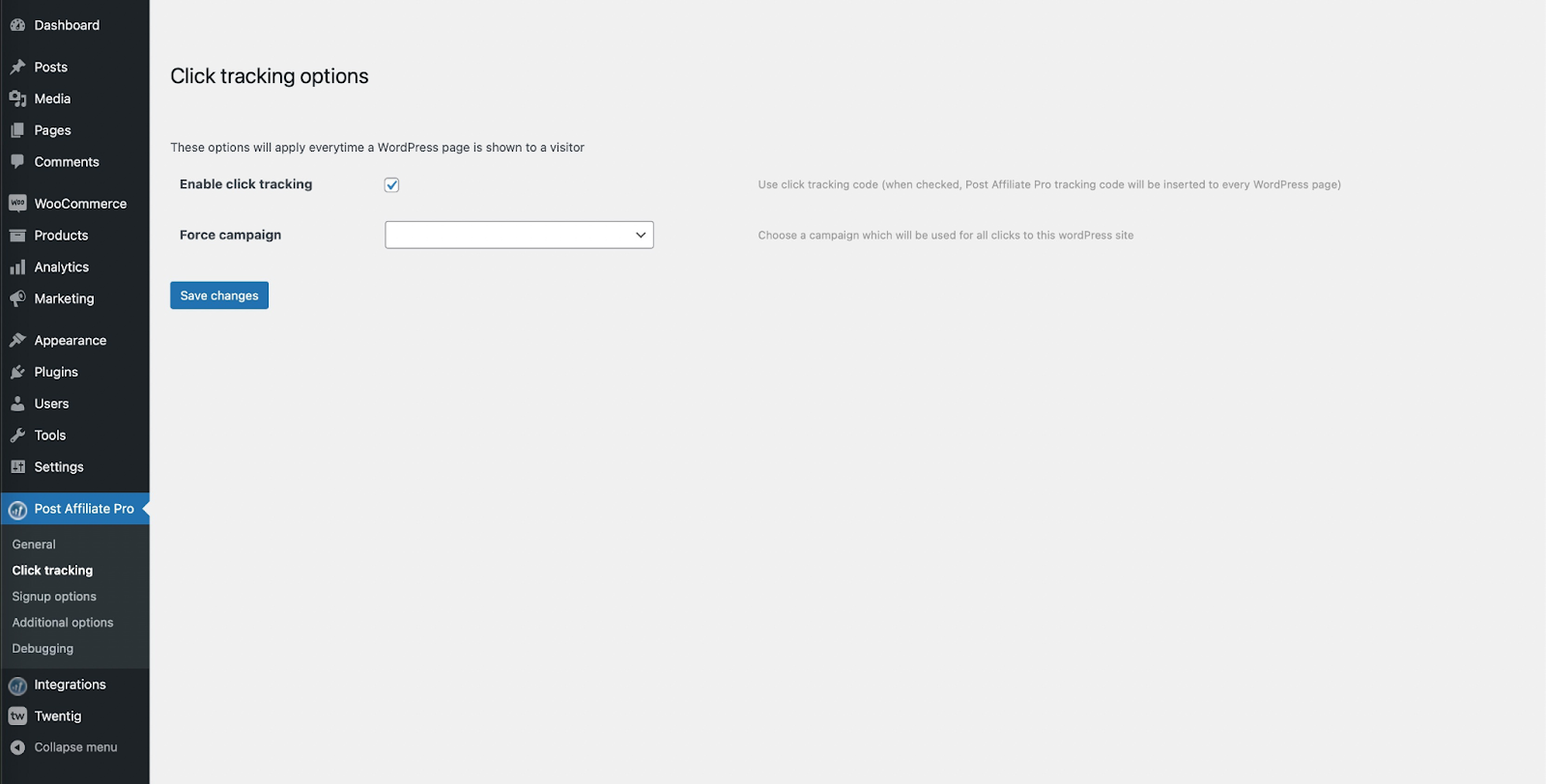 Capture d’écran des options de suivi du plugin d’affiliation Post Affiliate Pro