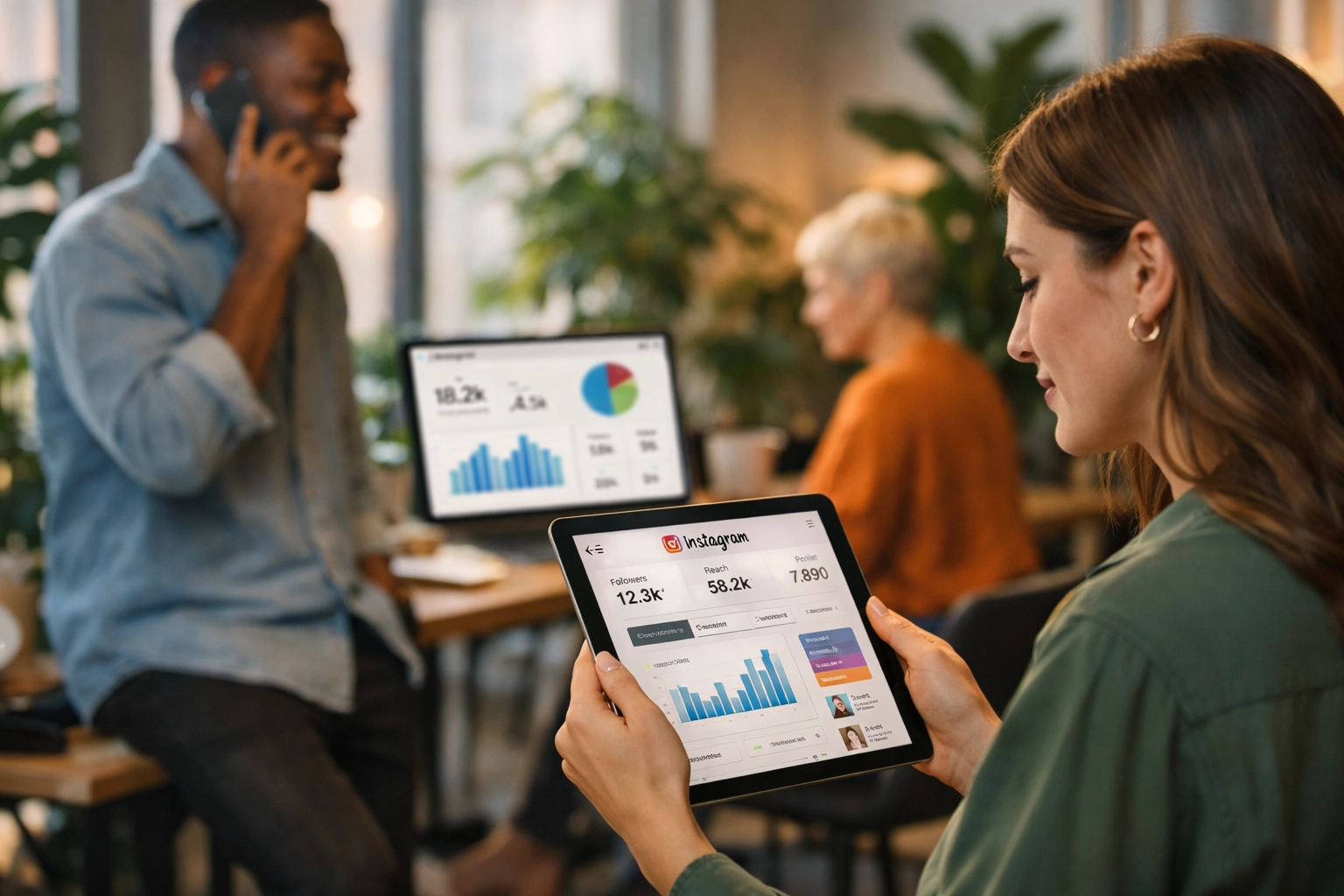 Équipe professionnelle de marketing Instagram travaillant avec des tableaux de bord analytiques