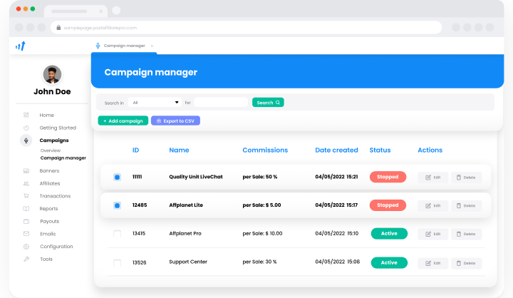 Illustration d'un compte utilisateur Post Affiliate Pro