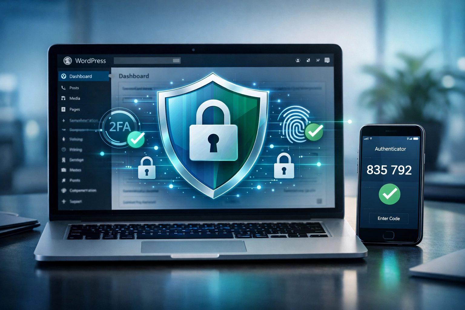 WordPress security concept with padlock and shield icons