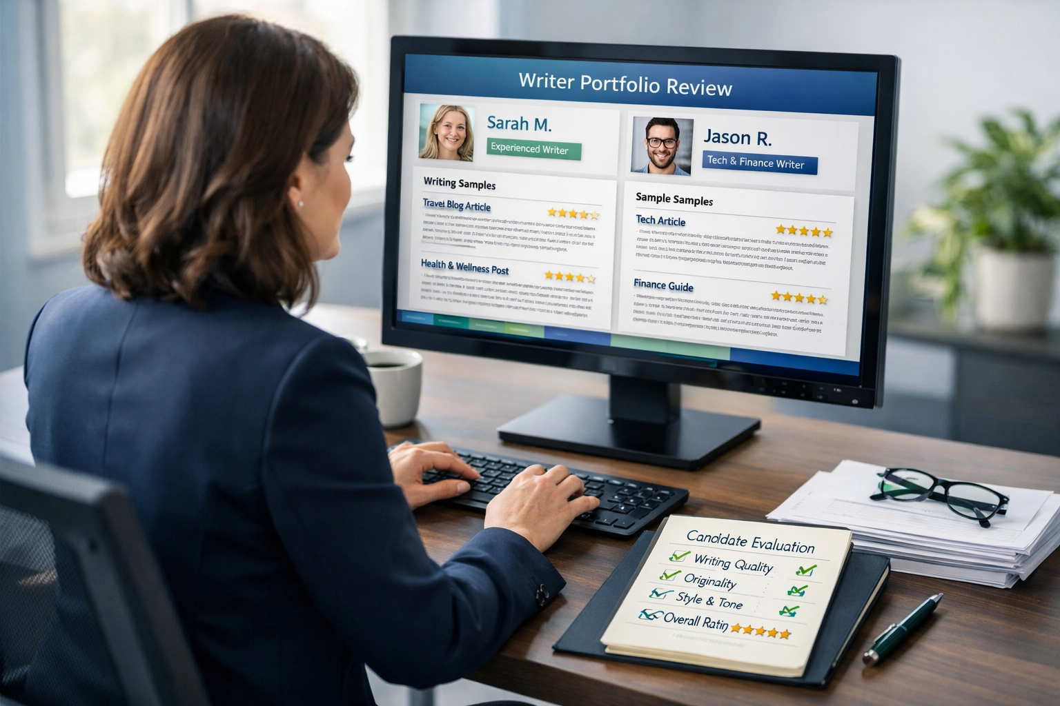 Un professionnel évalue des portfolios de rédacteurs freelances sur ordinateur