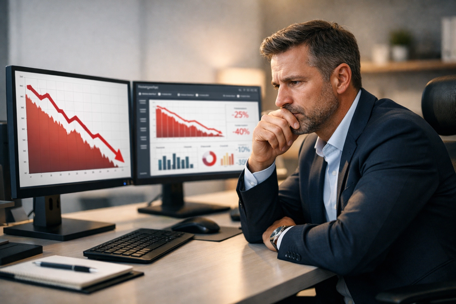 Business owner frustrated with low affiliate program sales looking at declining metrics