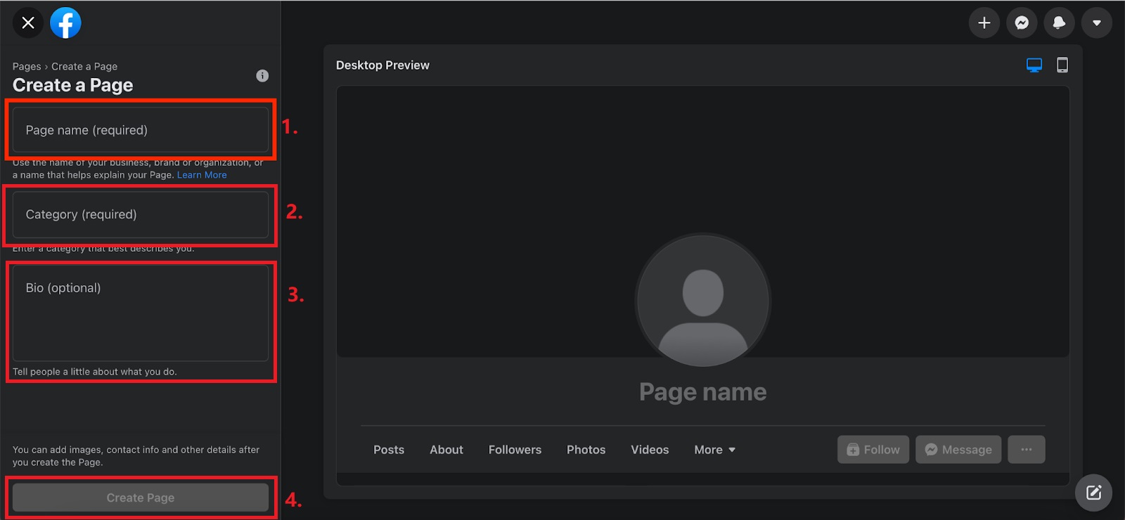 Étapes pour créer une nouvelle page Facebook