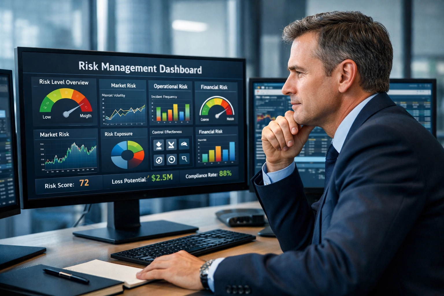 Business professional analyzing risk metrics on dashboard