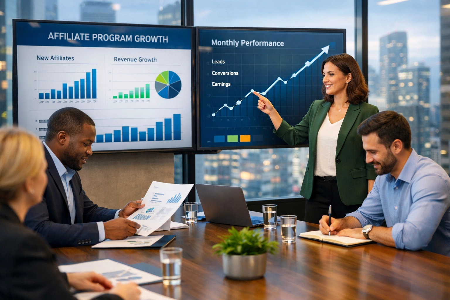 Équipe professionnelle collaborant à la croissance d'un programme d'affiliation avec des analyses et des graphiques