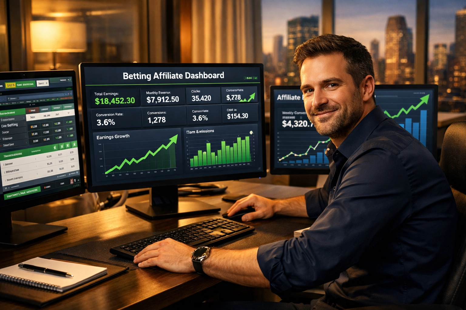 Affiliate marketer reviewing analytics dashboard with upward trending growth charts