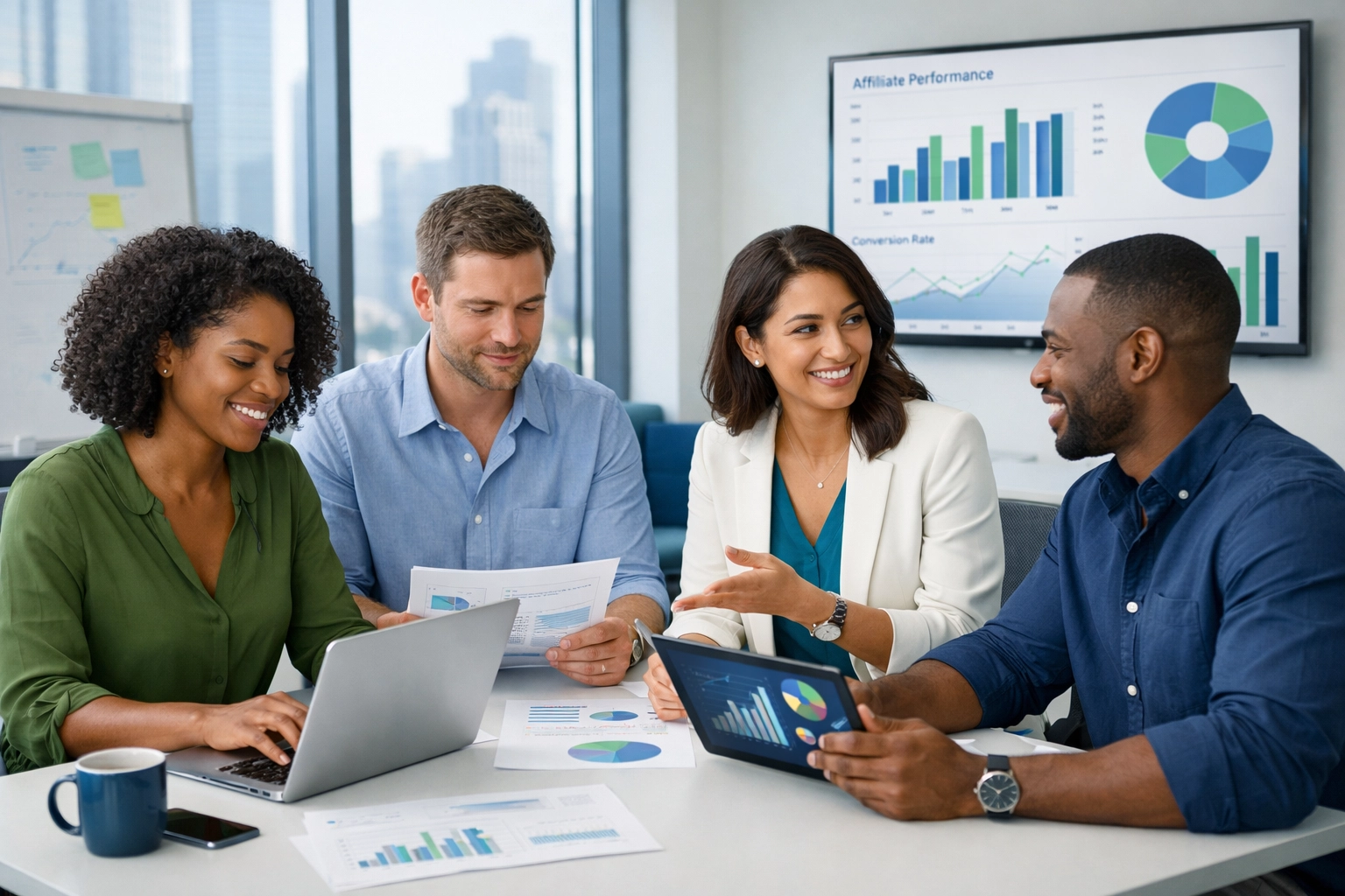 Équipe diversifiée de spécialistes du marketing d'affiliation collaborant dans un bureau moderne